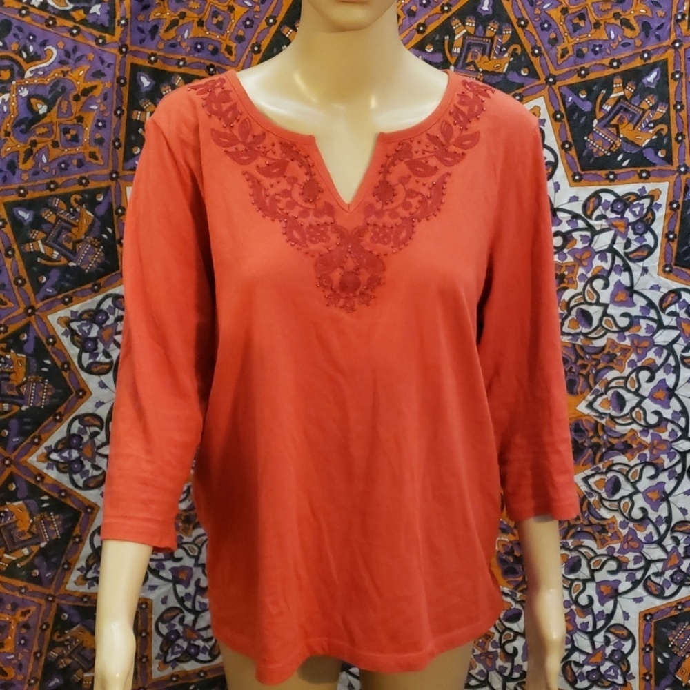 Laura Scott embroidered and beaded rust top size LP